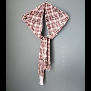2/$13 Brown Plaid Fringed Rayon Scarf - Brand New